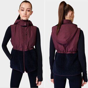Sweaty Betty Urban Sherpa Gilet Vest Size L Hooded Outerwear Plum Red NEW $228